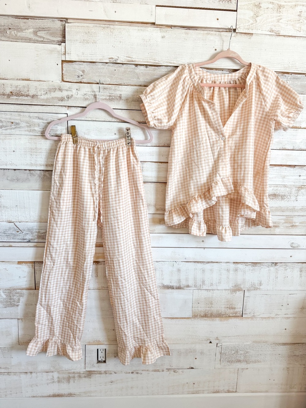 Women's Peach Gingham Pajama Set - Top & Pants